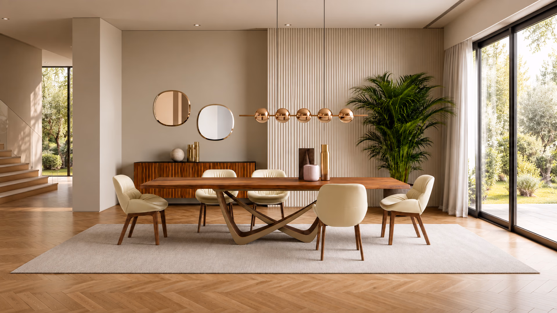 Bontempi dining table with a sculptural metal base and cream upholstered chairs in a warm wood interior.