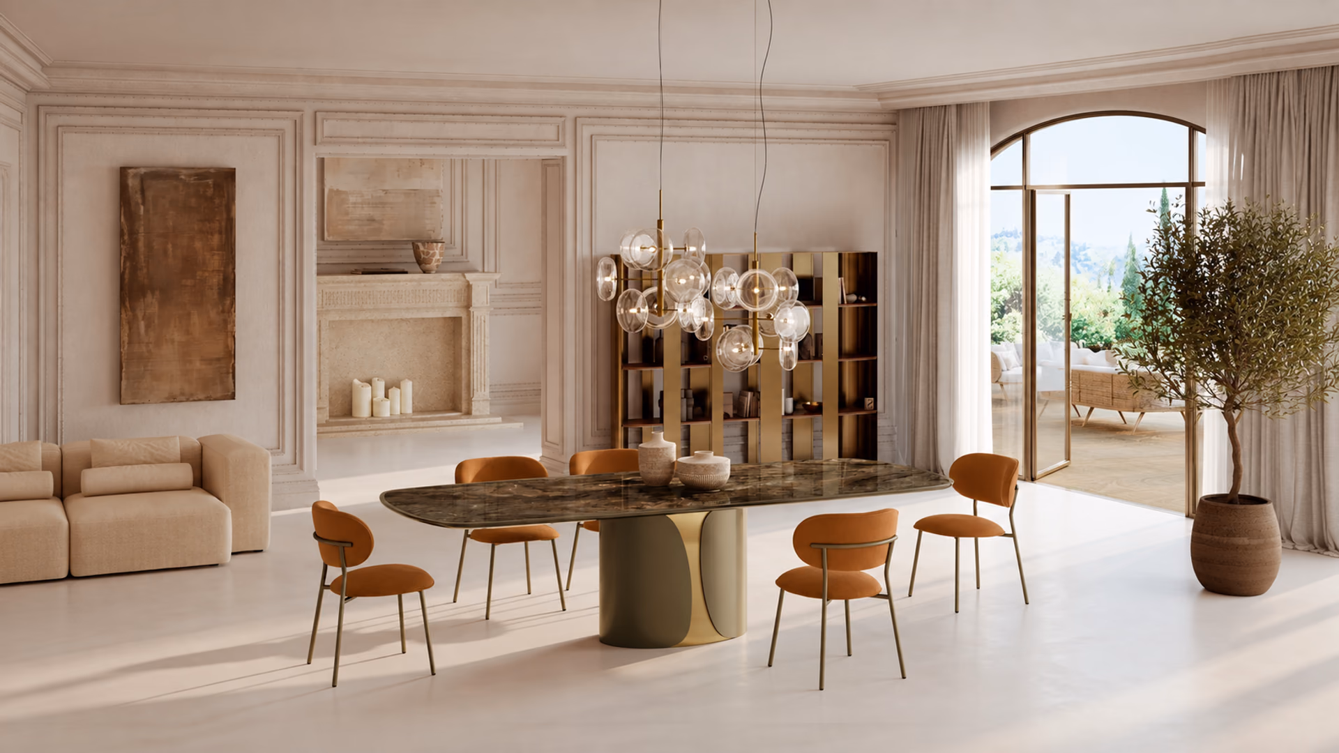 Bontempi Talos dining table with orange upholstered chairs and glass pendant lights in a pale interior.