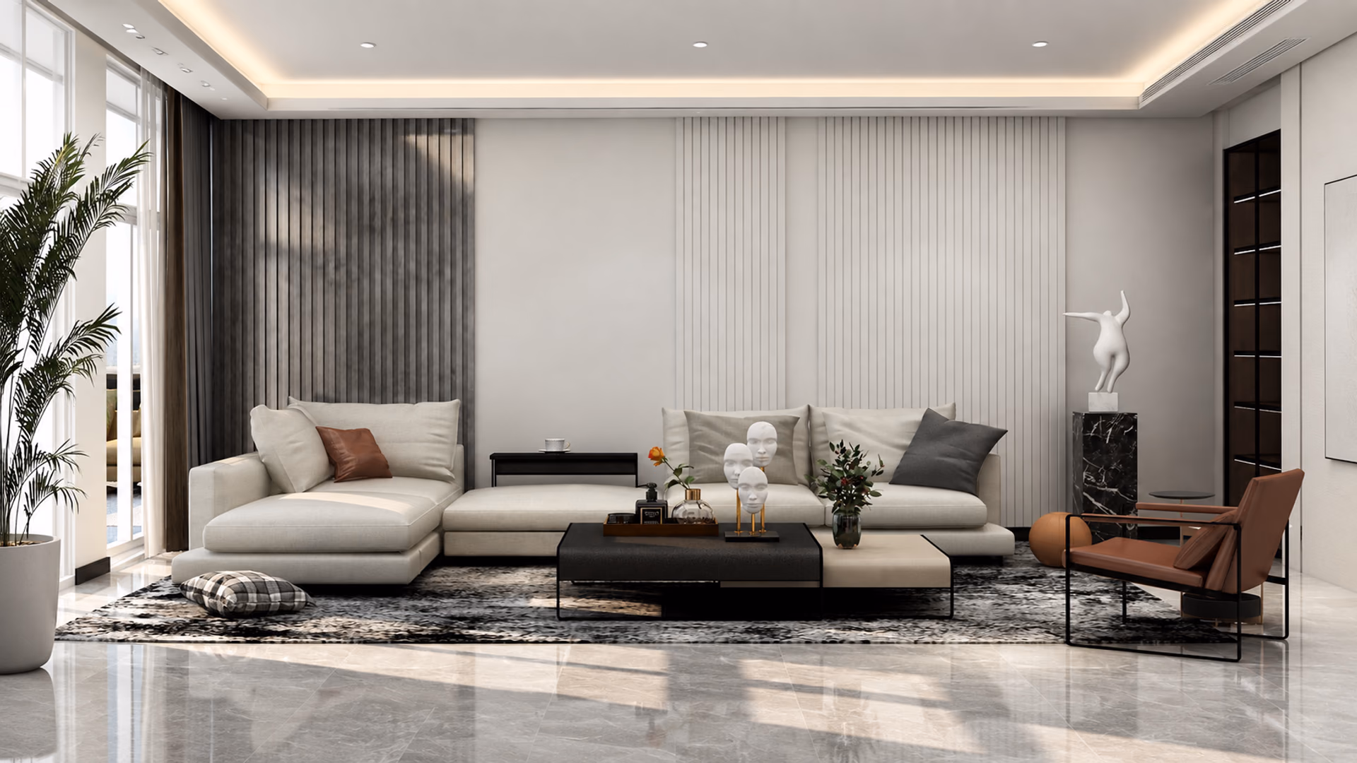 Camerich pale modular seating with a brown lounge chair and low black tables in a bright modern interior.