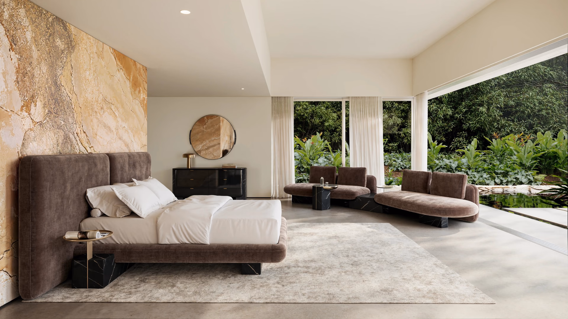 Caracole Overlap upholstered bed with a tall divided headboard and coordinating lounge seating.