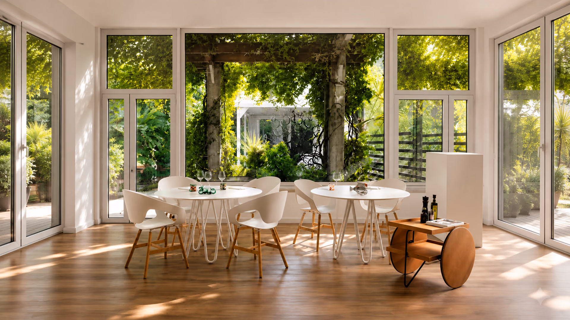 Casamania white chairs and round dining tables in a sunlit room overlooking a leafy garden.