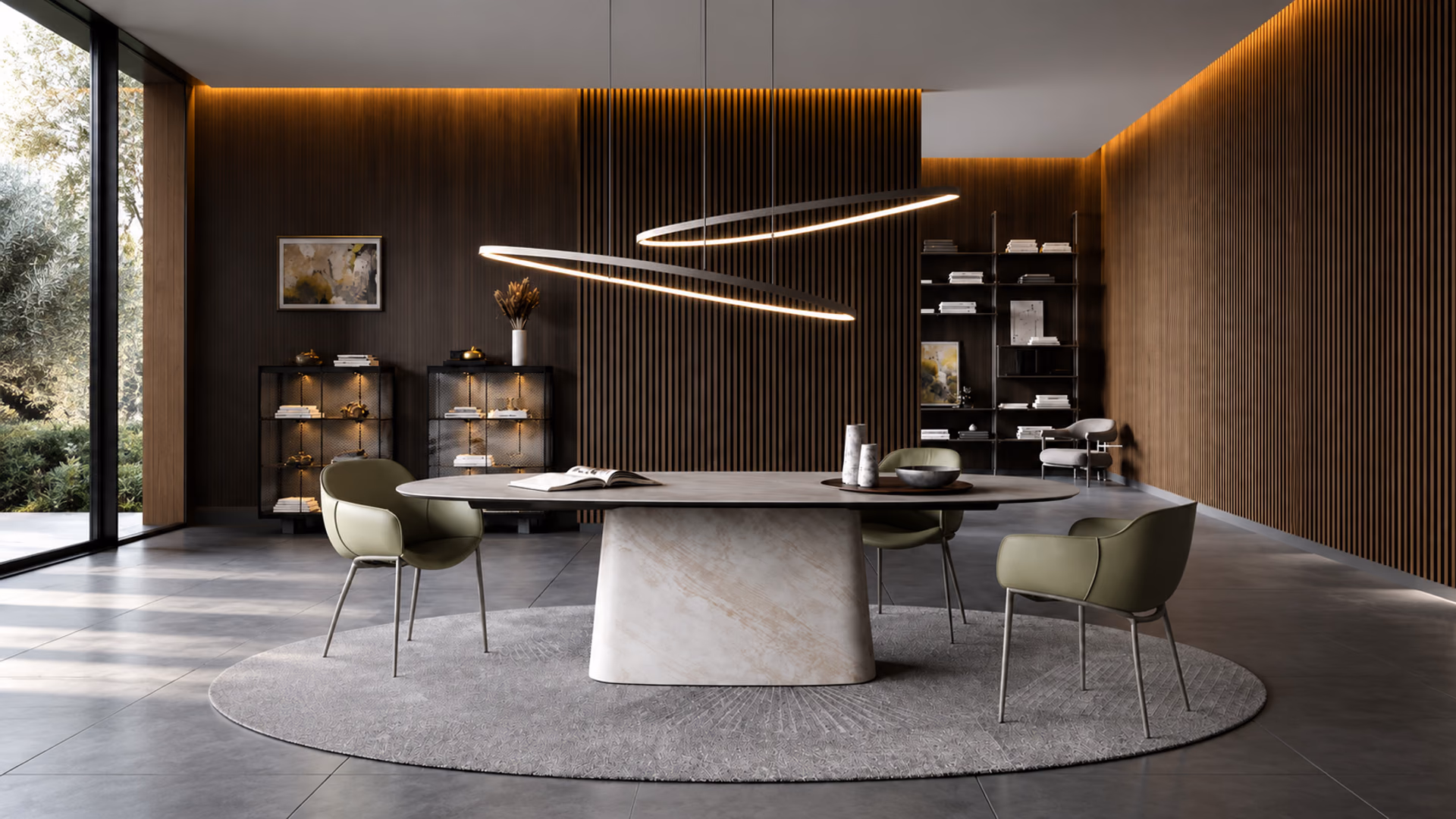 Cattelan Italia dining table and upholstered chairs in an open dining room