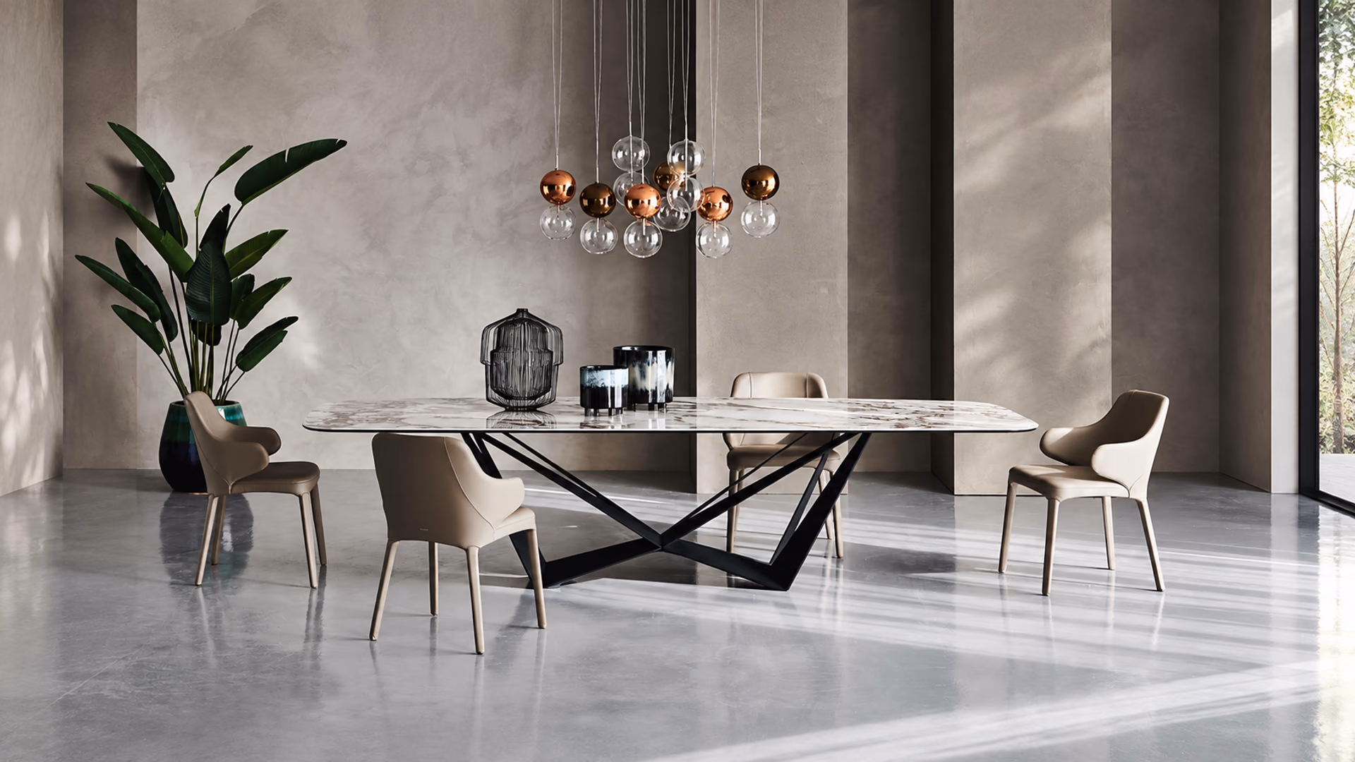 Cattelan Italia Skorpio Keramik table with an angular black base and pale dining chairs