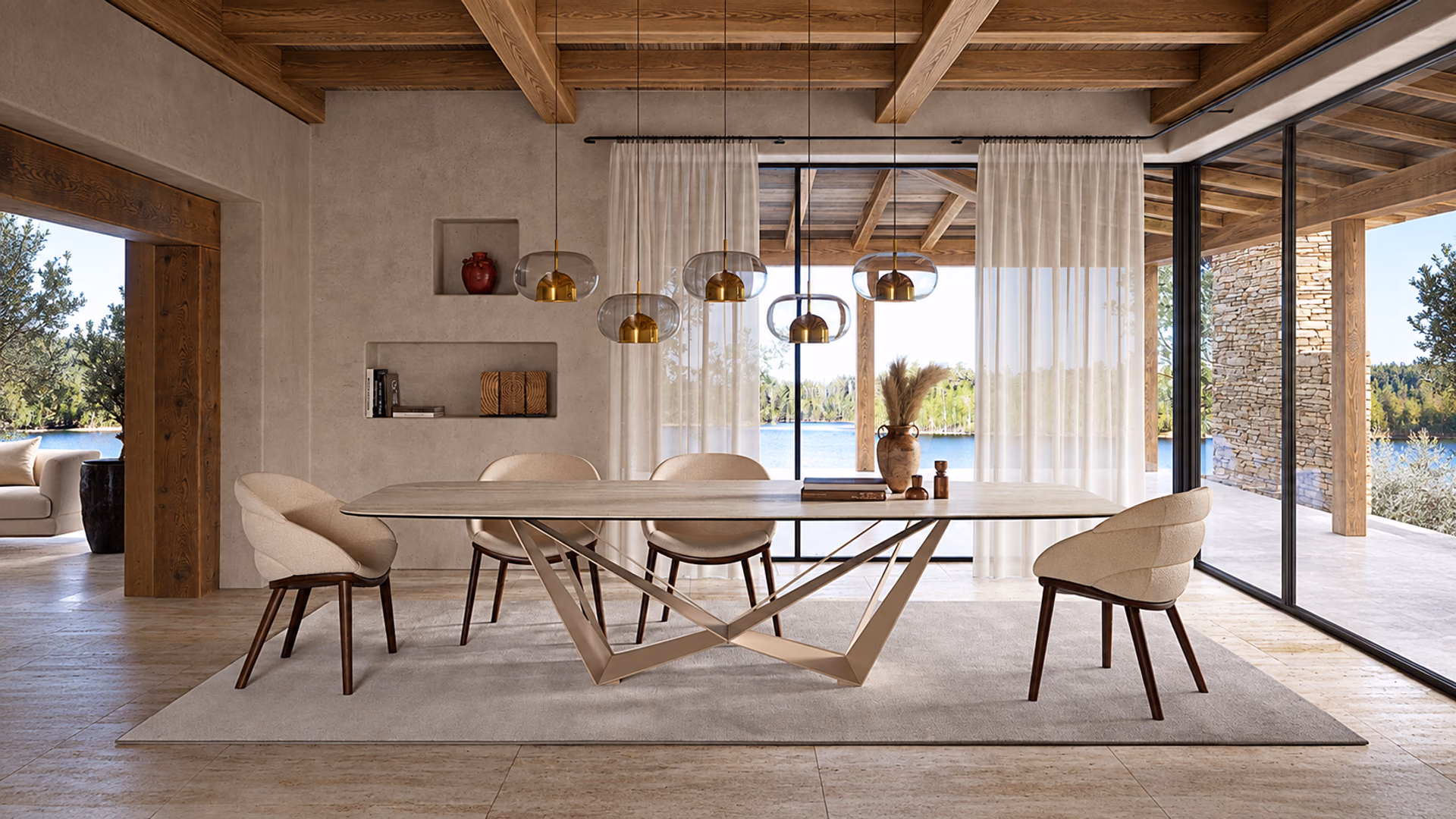 Cattelan Italia Skorpio Keramik dining table with upholstered chairs beside full-height windows
