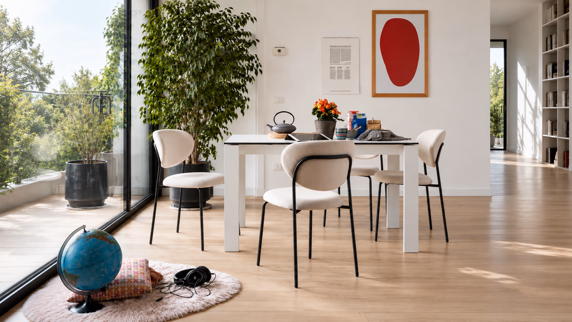 Connubia white dining table and pale upholstered chairs with slim dark legs beside a large garden window.