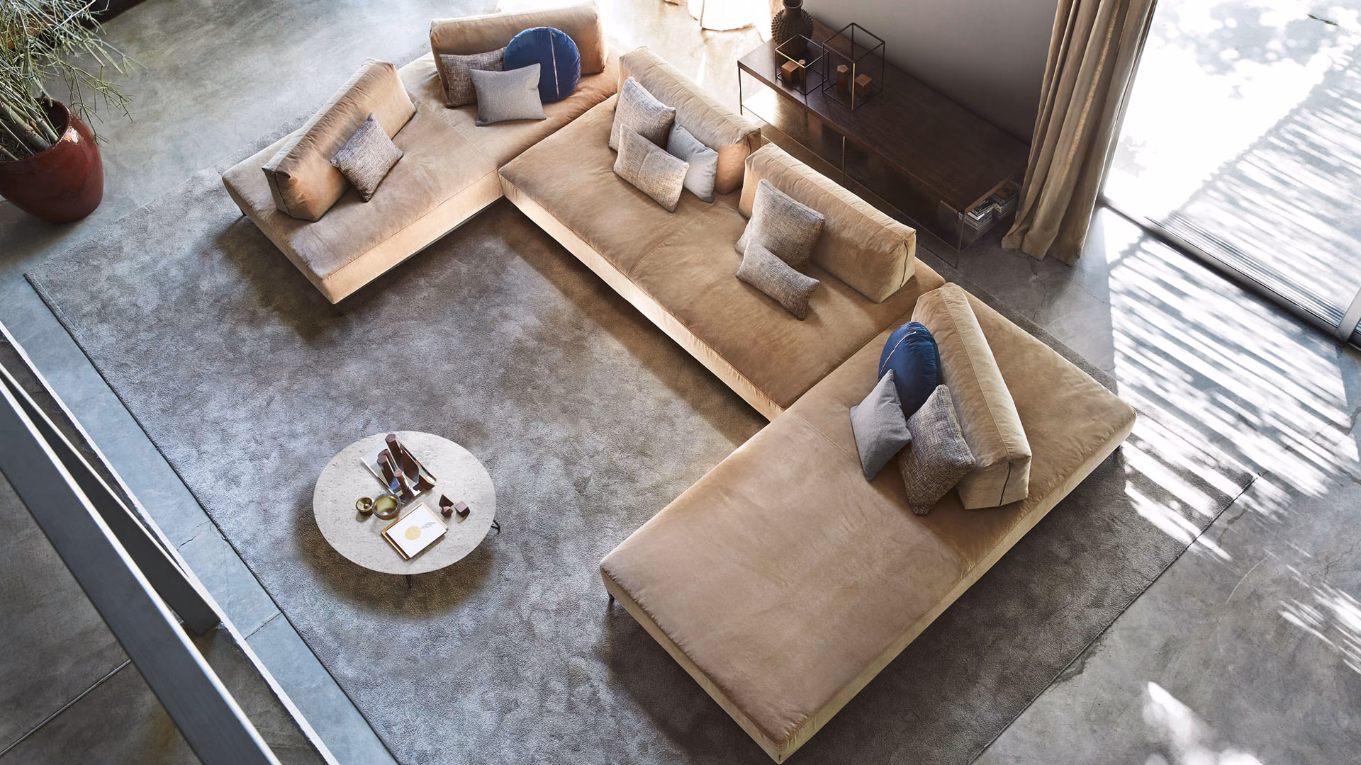 Overhead view of a tan Ditre Italia Sanders Air modular sofa composition