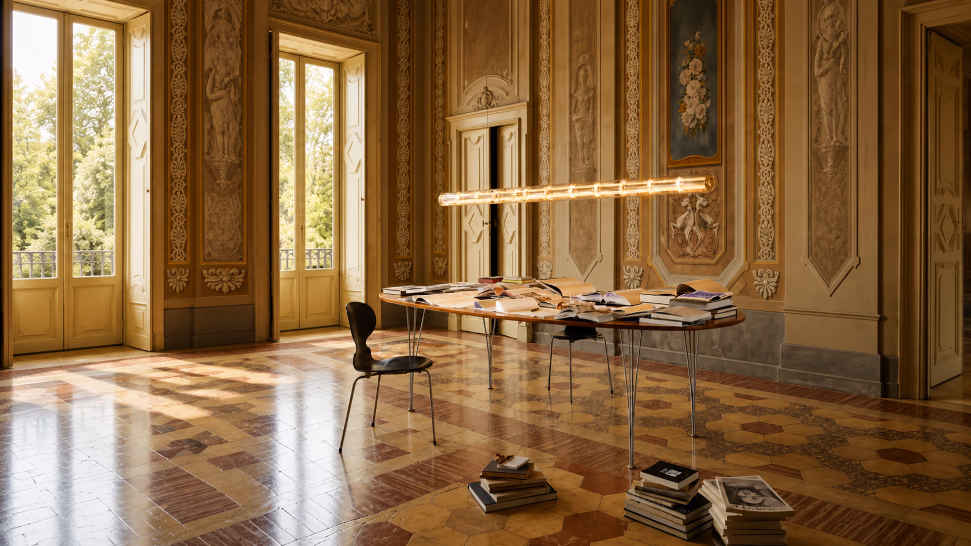 Flos linear pendant over a reading table in a richly decorated room with tall windows.