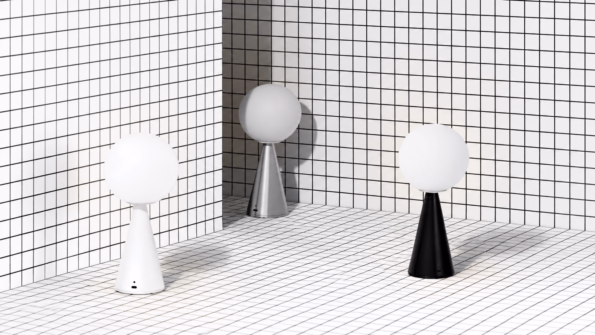 FontanaArte Bilia Mini Portable lamps with spherical diffusers and cone-shaped bases