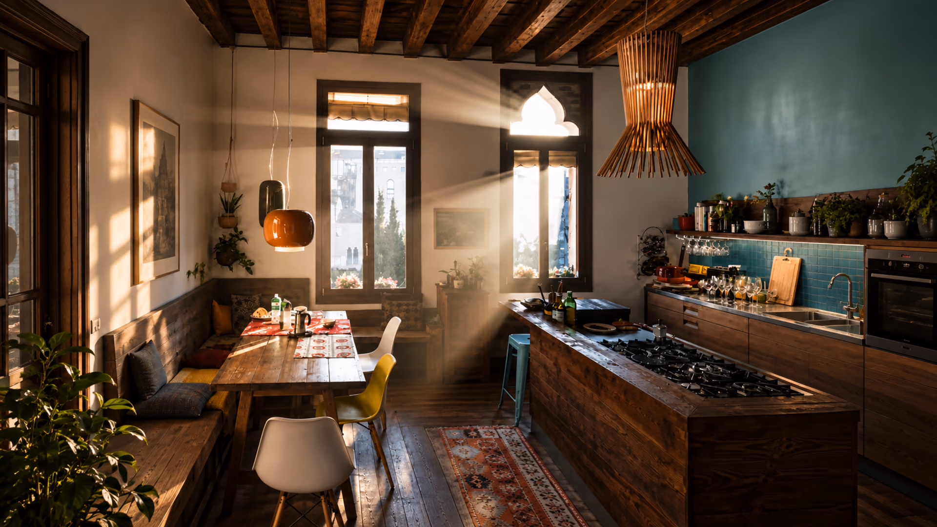 Foscarini pendant lights above a kitchen island and dining nook with blue tile and wood beams.