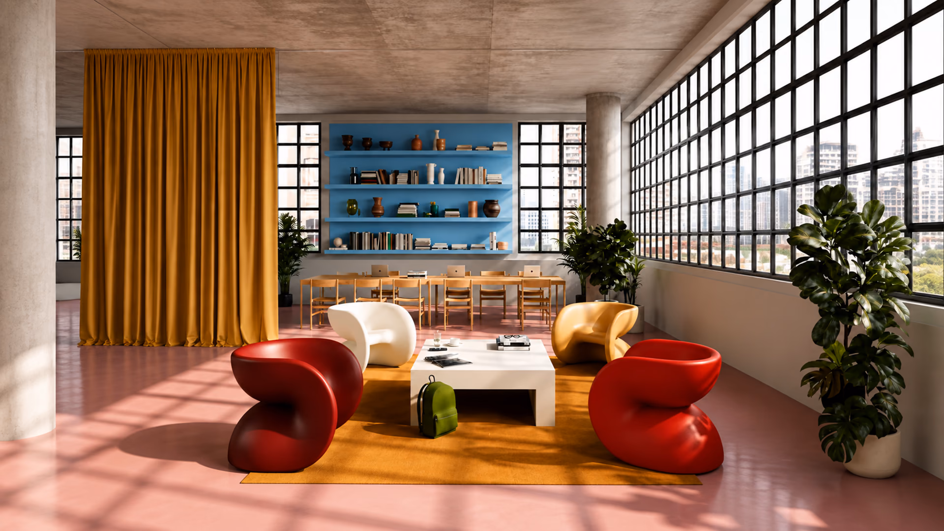 Sculptural Heller lounge chairs in red, white and gold around a low table