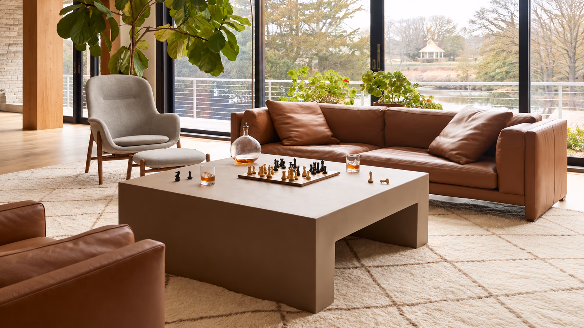 Brown Heller Vignelli coffee table with a chessboard in a sunlit living room