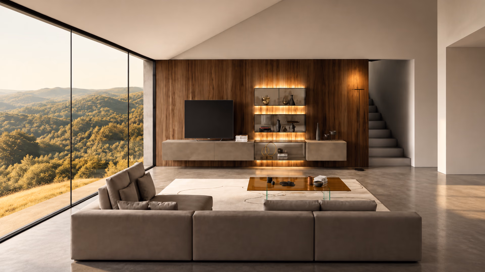 LAGO sectional sofa and suspended television storage in a warm contemporary living room