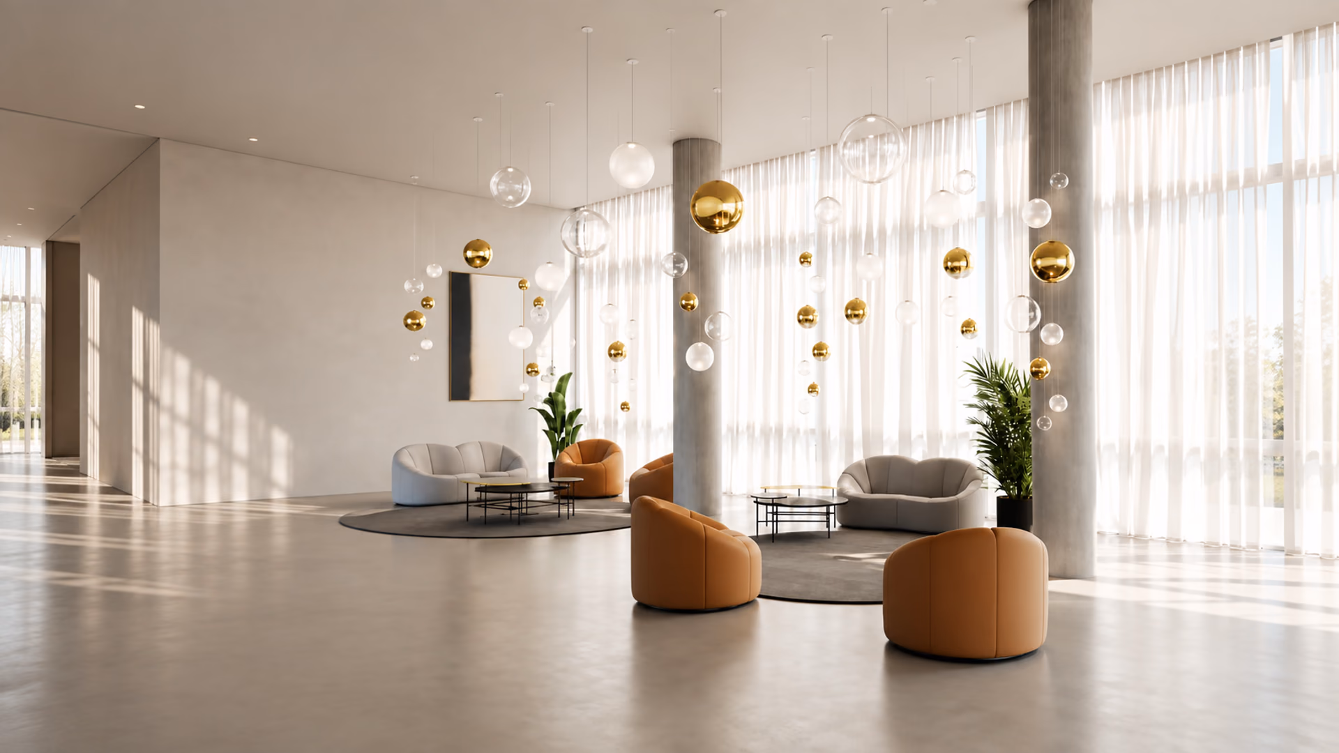 Clear, white and gold Lodes globe pendants above a spacious lounge
