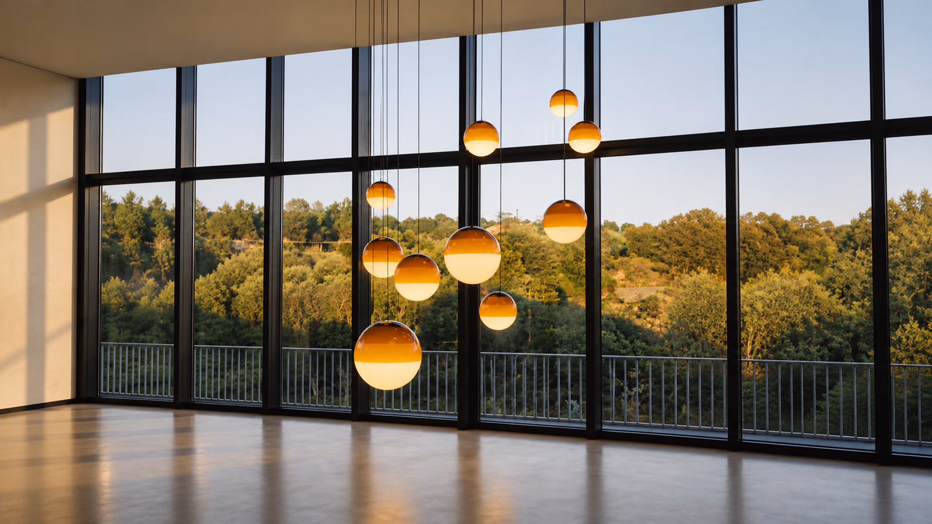 Amber and white Marset Dipping Light pendants in a tall windowed interior