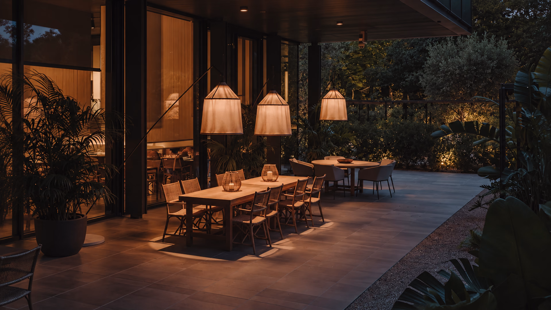 Marset lamps illuminate dining tables on a planted restaurant terrace at dusk