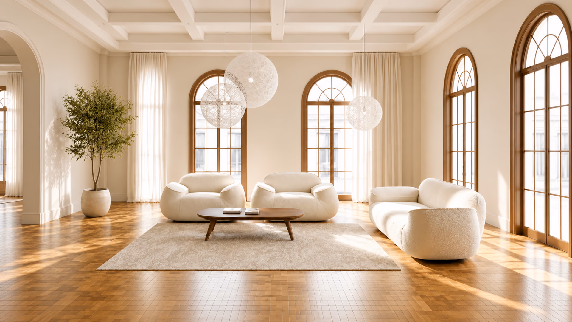 Moooi upholstered lounge seating beneath spherical Random Light pendants