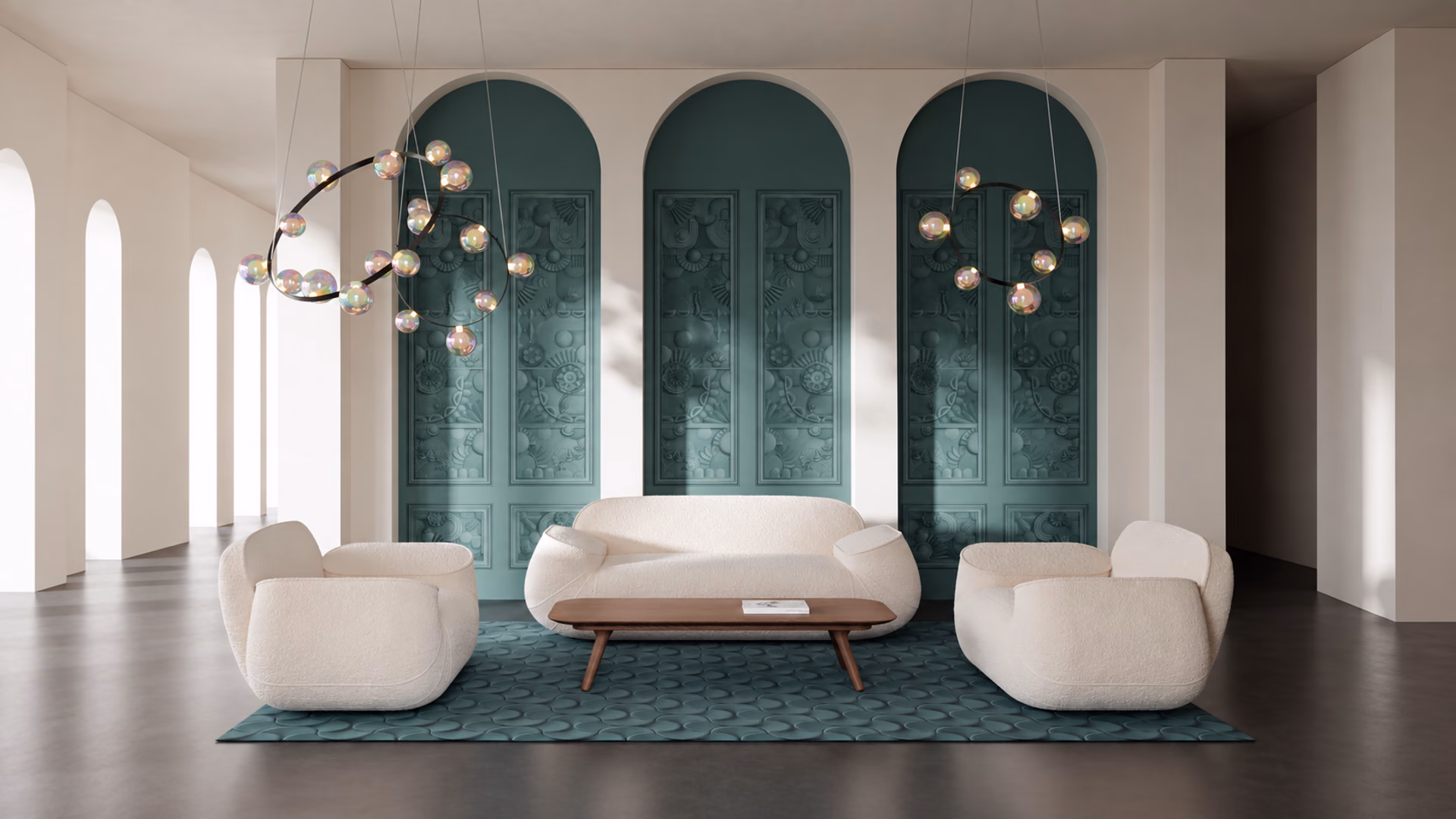 Moooi Hana lounge chairs and sofa with sculptural pendant lights and green wall panels