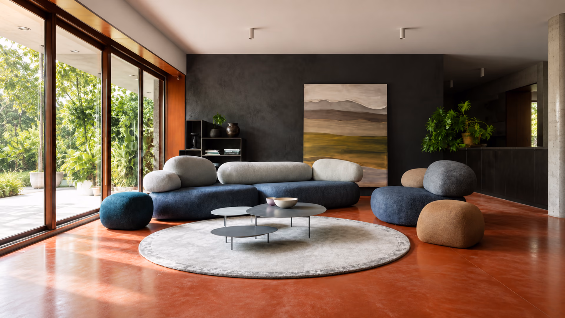Moroso Pebble Rubble upholstered seating arranged in a contemporary living room