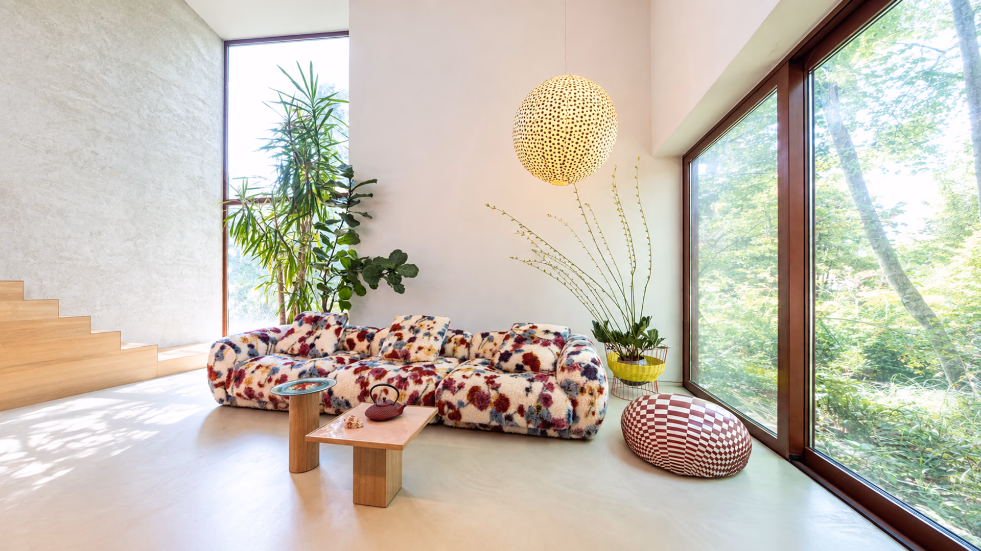 Moroso Me-Time sofa in colorful upholstery beside a garden window