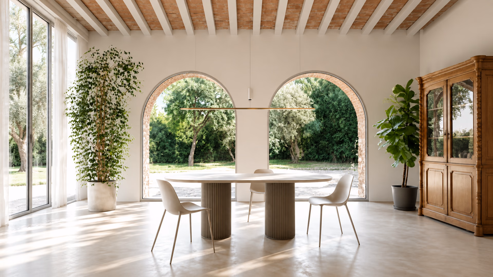 Opinion Ciatti dining table and chairs in a bright room with brick arches