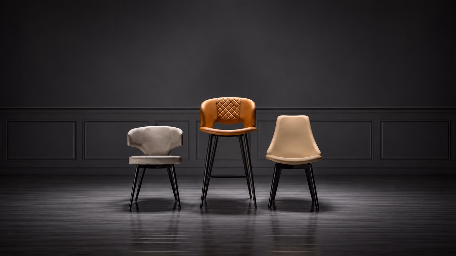 Peressini Casa upholstered dining chairs and a bar stool in contrasting finishes