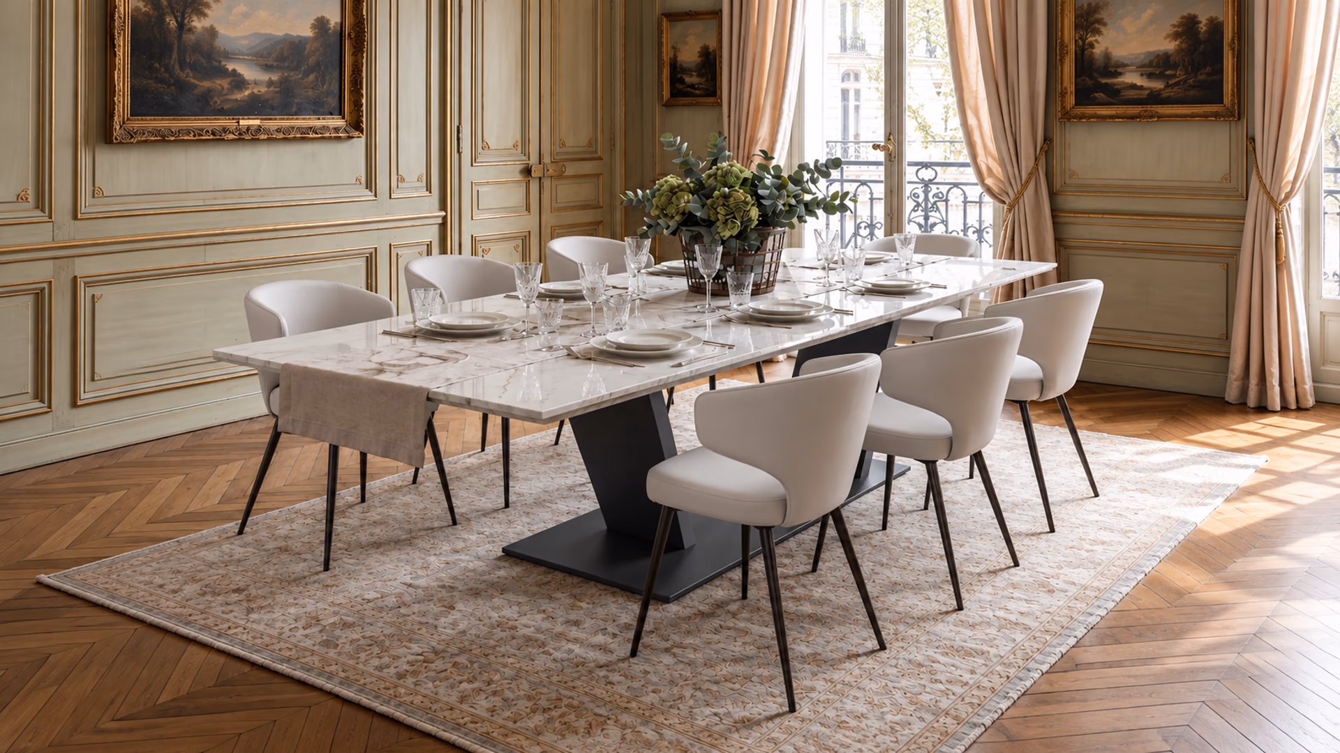 Peressini Casa Wing upholstered chairs around a marble-look dining table
