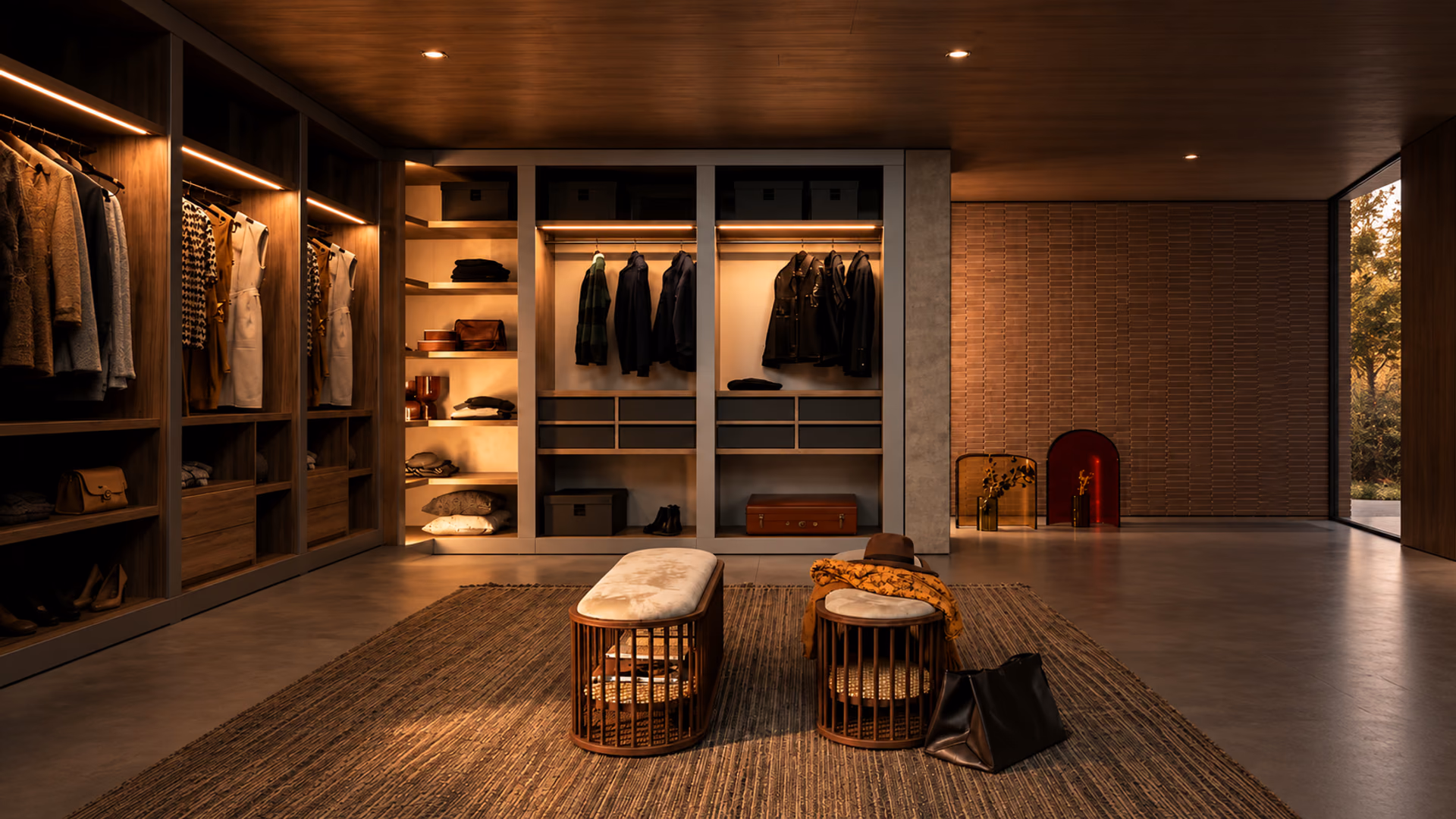 Pianca walk-in wardrobe with open storage and coordinated seating
