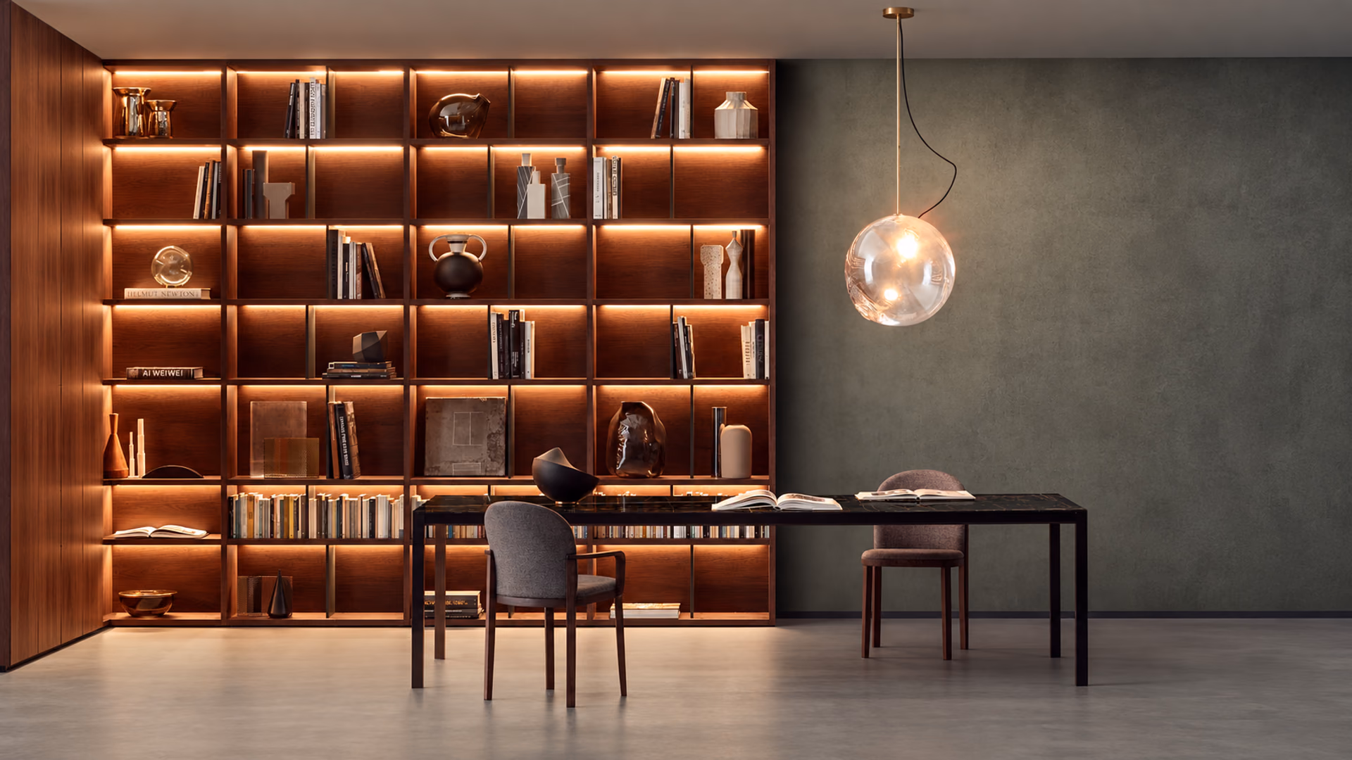 Pianca Spazioteca bookcase with illuminated shelving beside a dining table