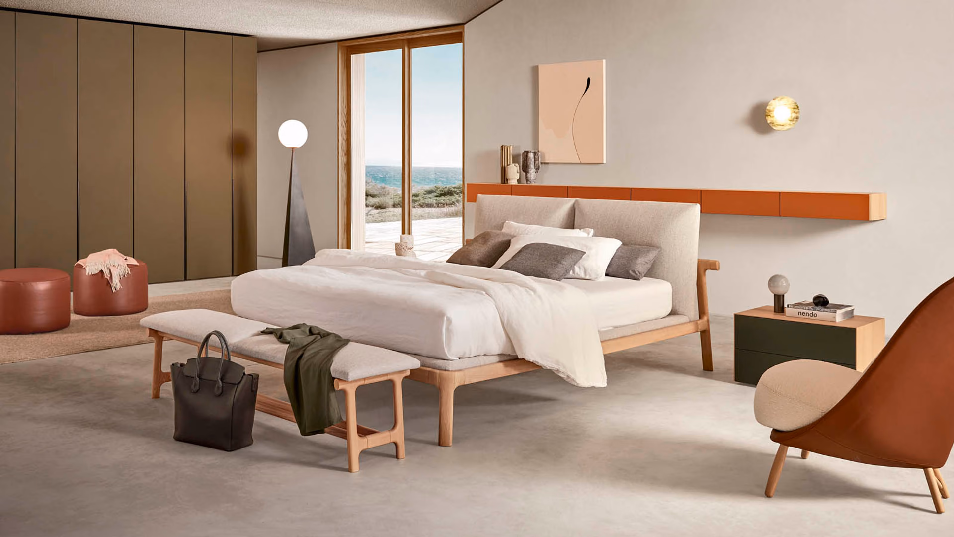 Pianca Fushimi wood bed and bench in a coordinated modern bedroom