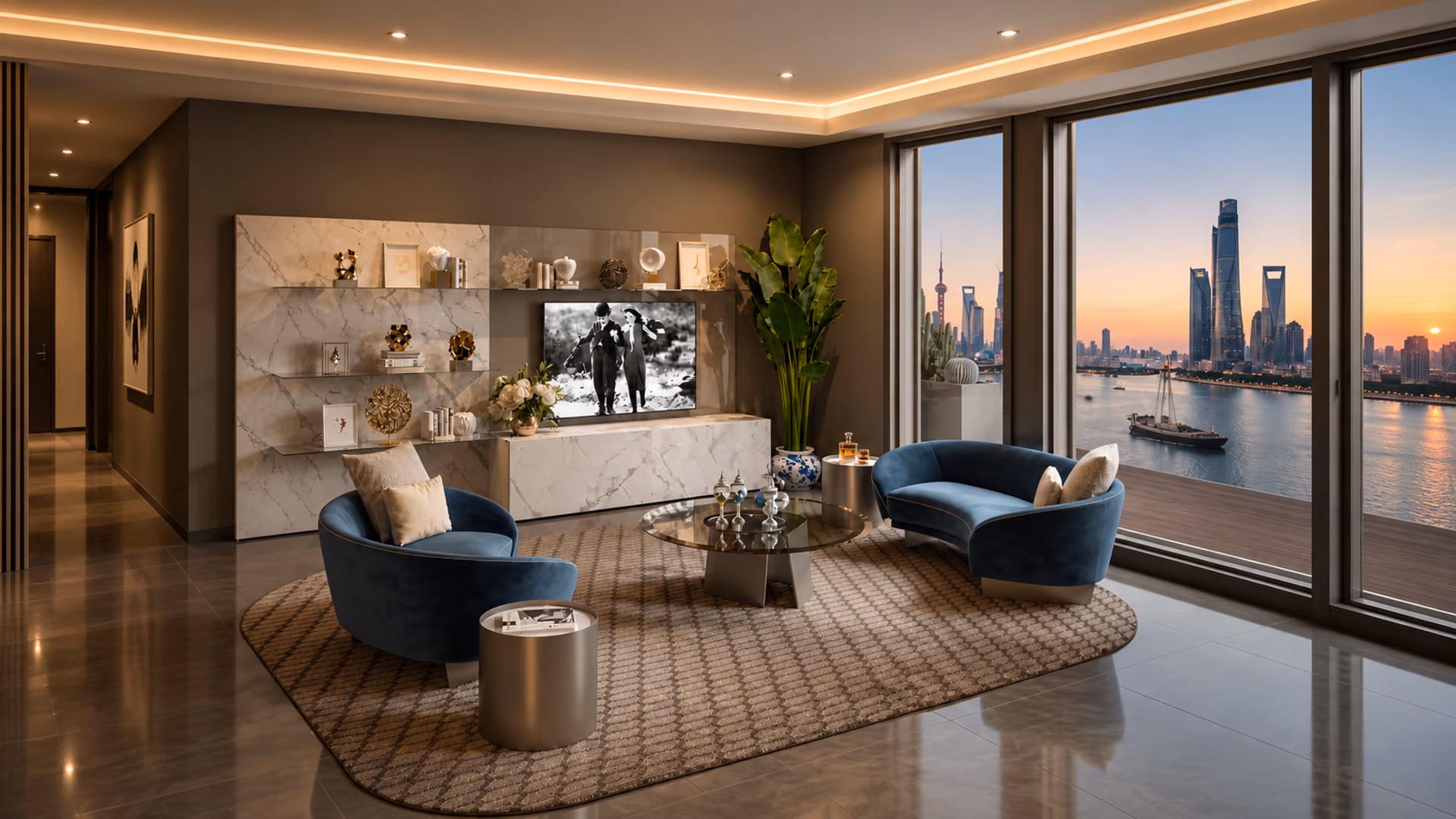 Reflex blue upholstered lounge chairs with sculptural accent furniture