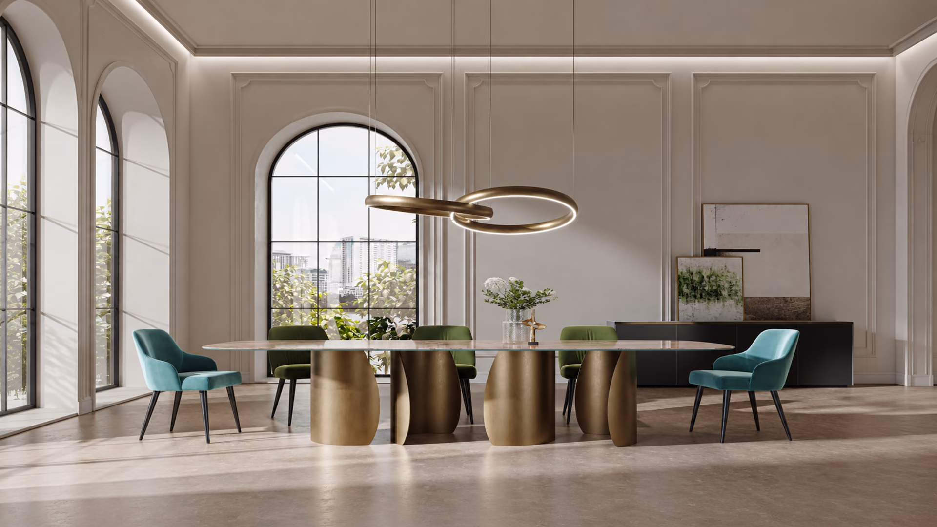 Reflex dining table with metallic curved bases and blue and green chairs
