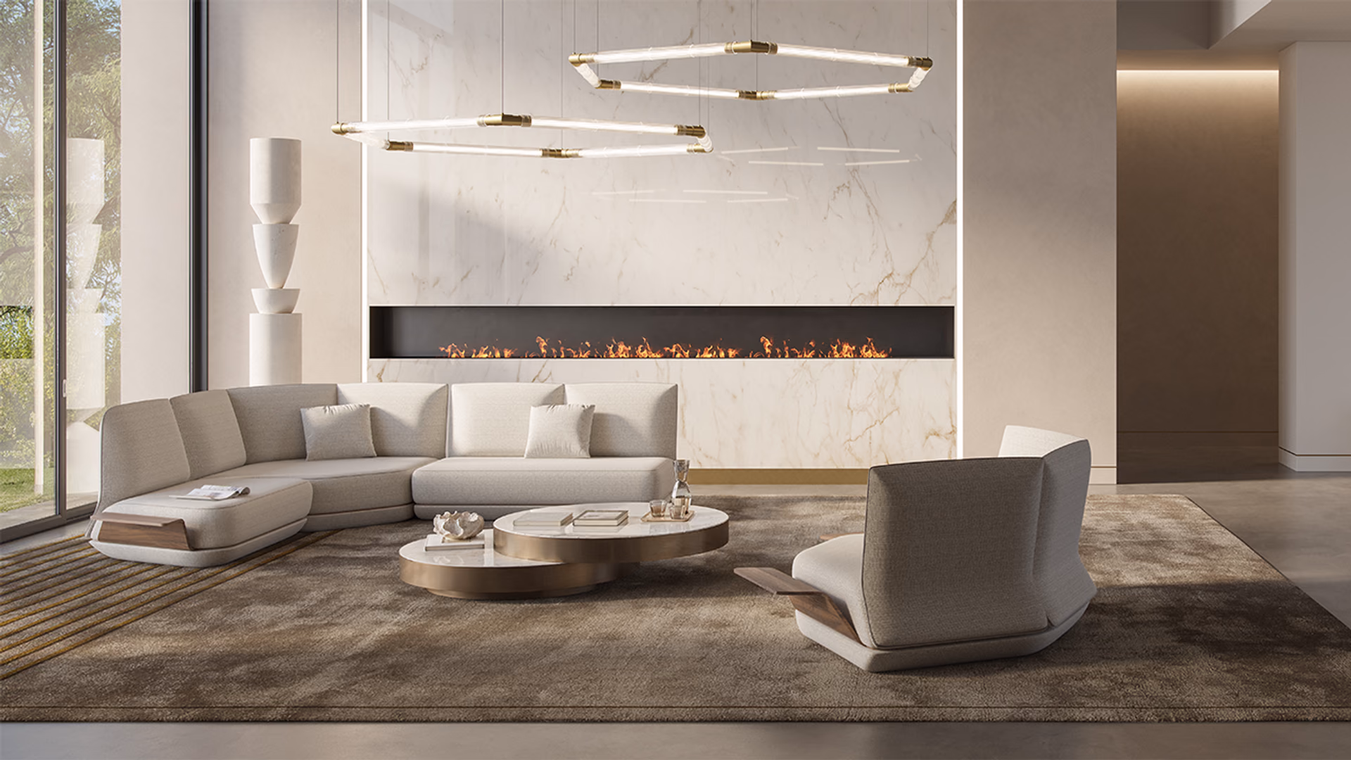 Reflex upholstered seating and circular coffee tables facing a linear fireplace