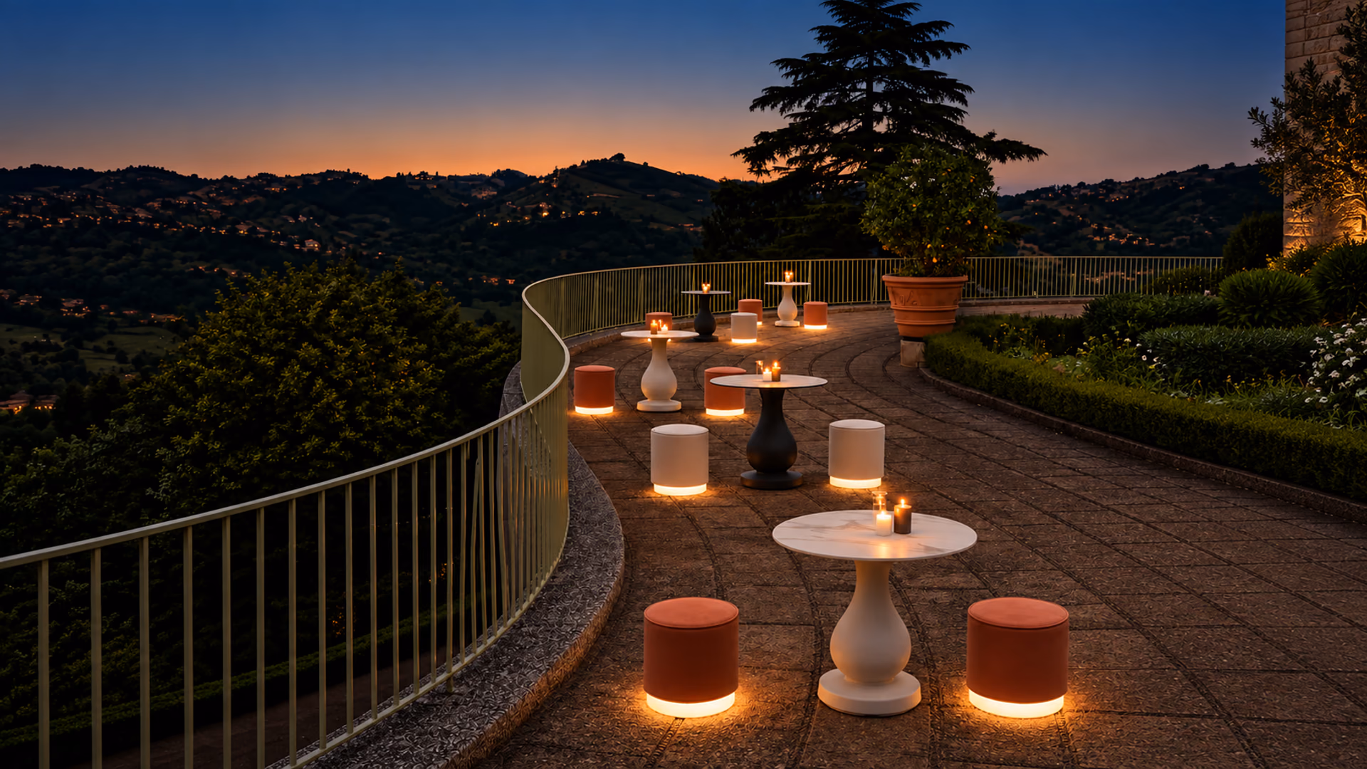 SLIDE illuminated outdoor furniture arranged on a contemporary terrace