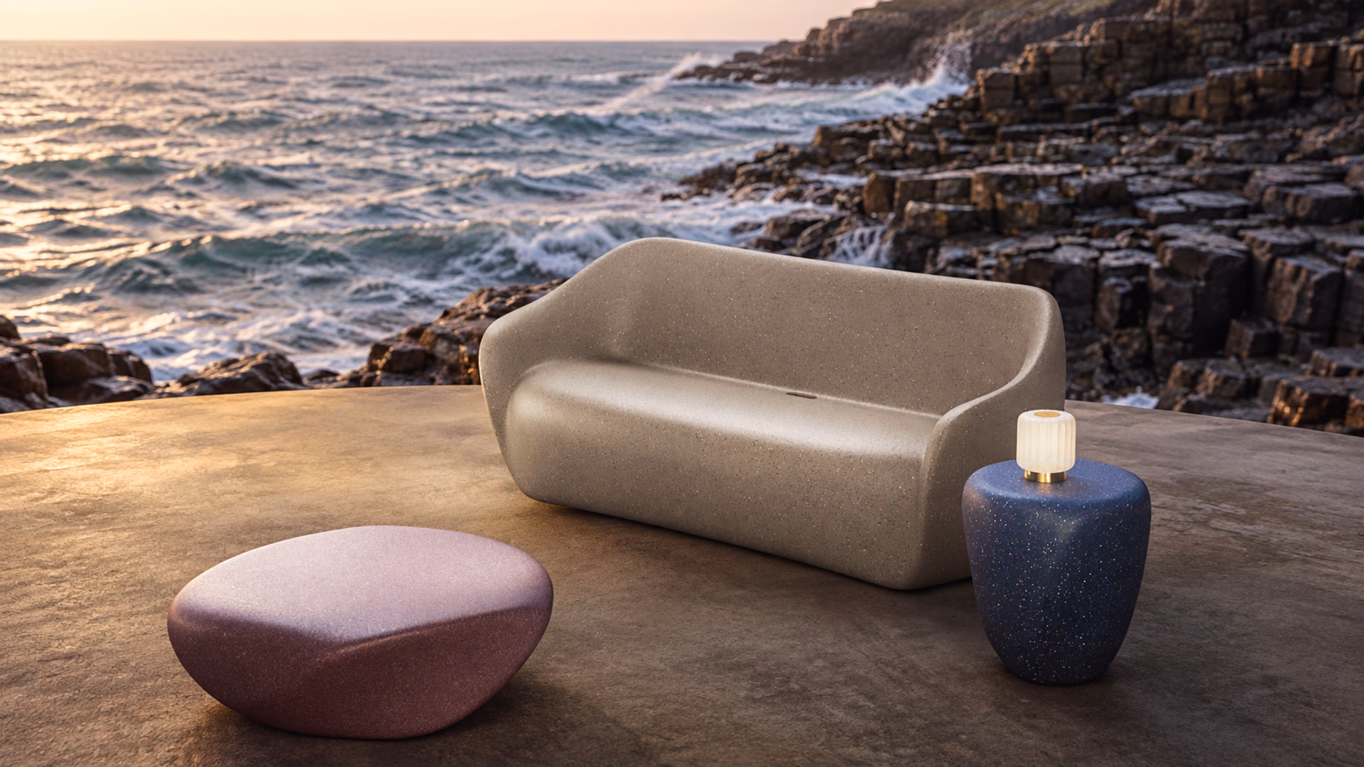 SLIDE Reborn sofa with rounded occasional tables in a coastal setting