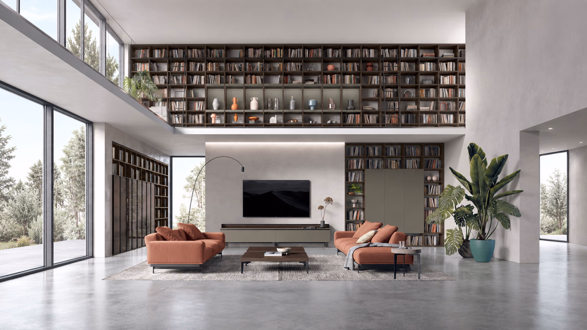 Tomasella floor-to-ceiling shelving and media storage in a double-height living room