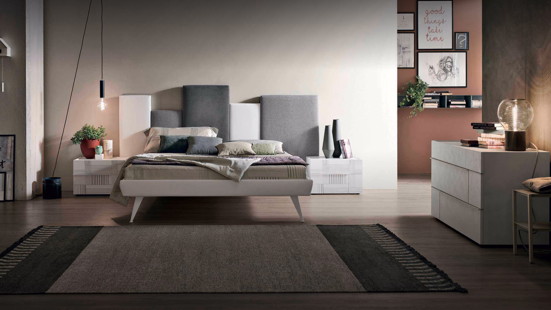 Tomasella bedroom furniture with an upholstered panel headboard and coordinated bedside storage