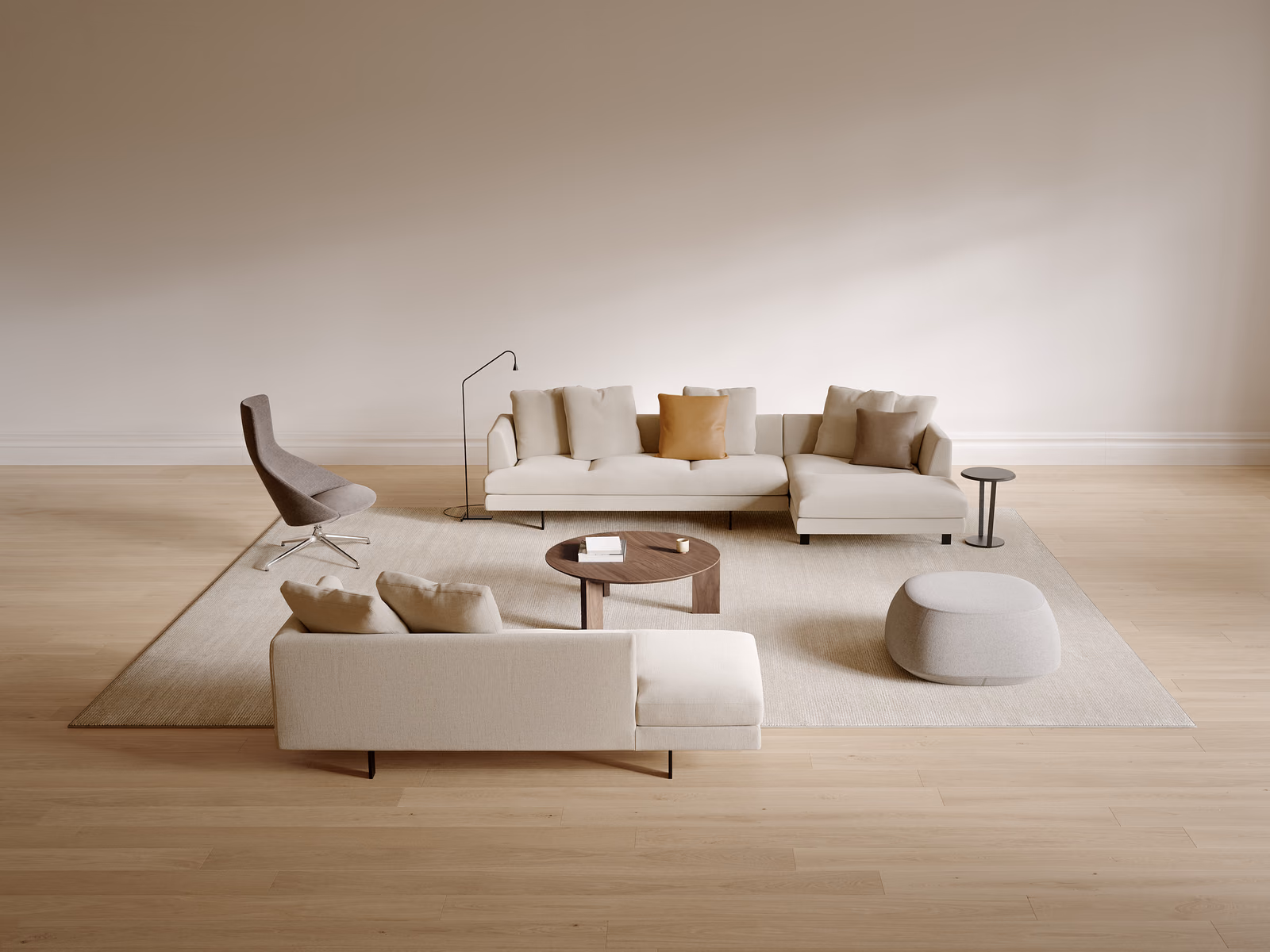 Bensen: A Grant sectional defines the lounge with deep seating and a clean, tailored profile.