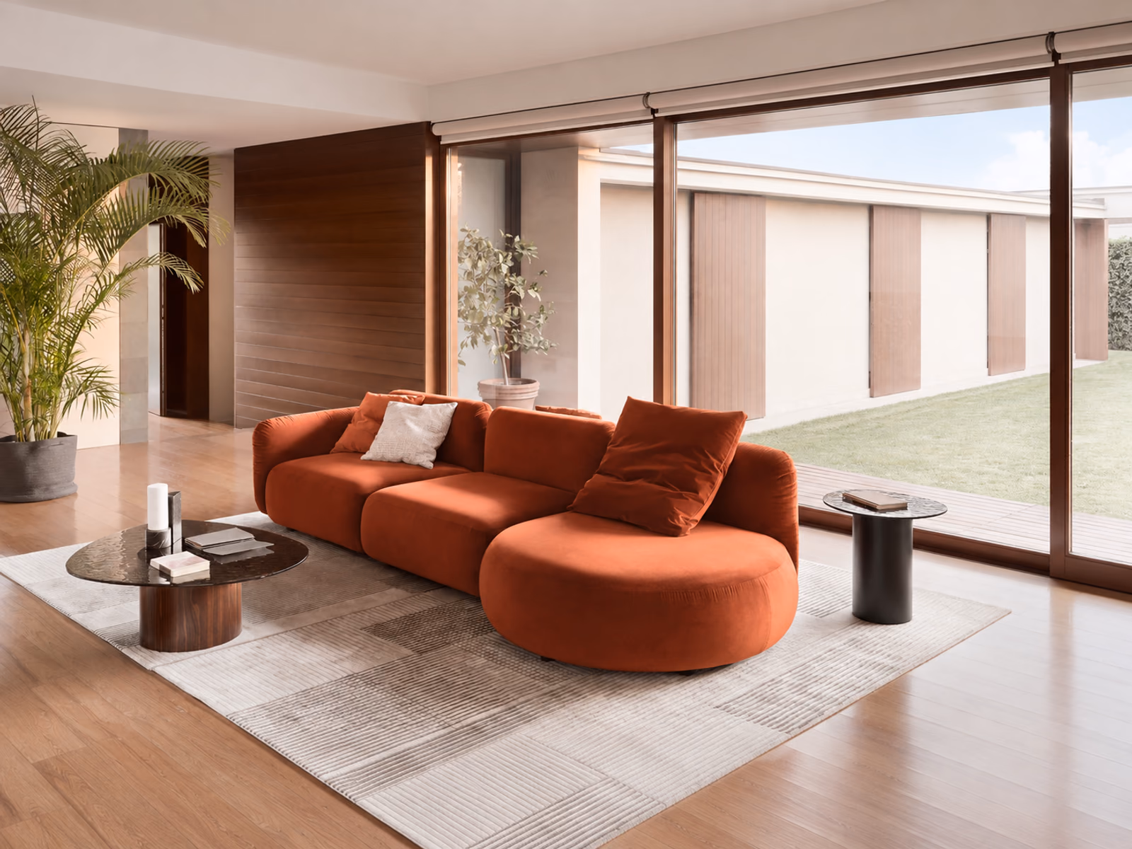 Calligaris: A Ginza sofa brings softly rounded seating to a contemporary lounge.