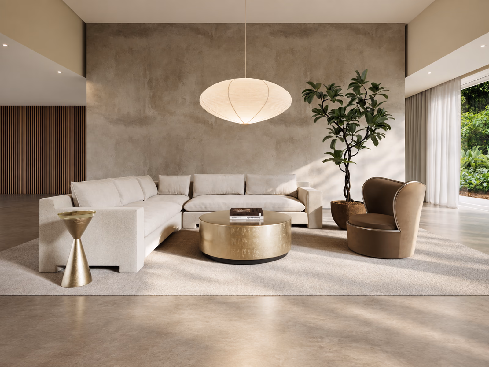 Caracole: A Devon sectional anchors a furnished lounge with a broad, inviting seating arrangement.