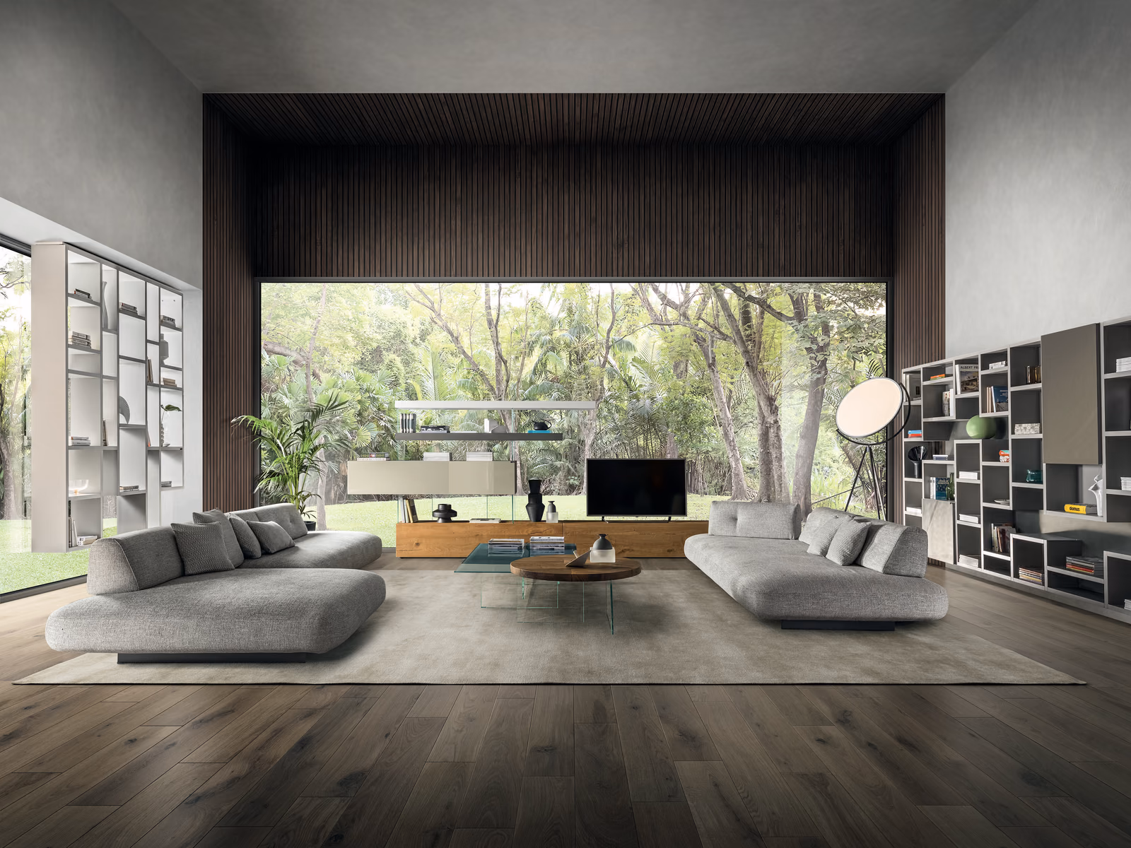 Lago: A Sand sofa defines a living room with a low upholstered composition.