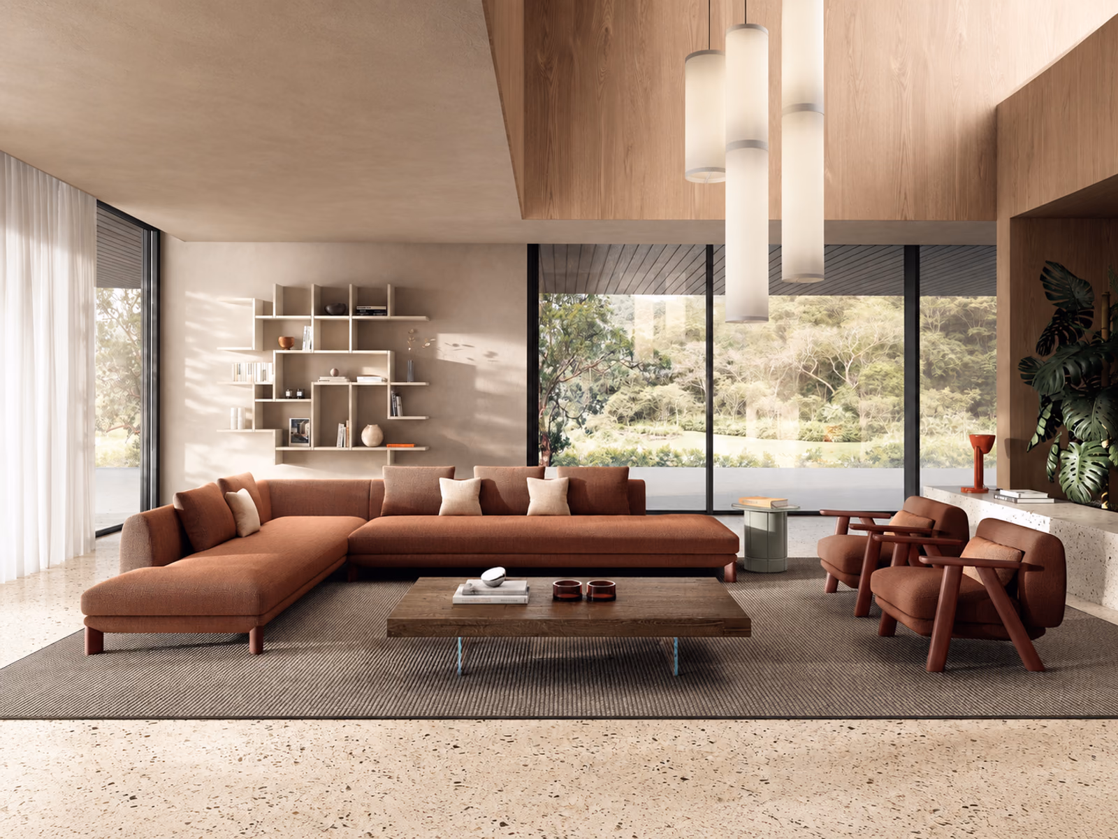 Lago: A terracotta Altana sofa provides a warm focal point in a contemporary living room.