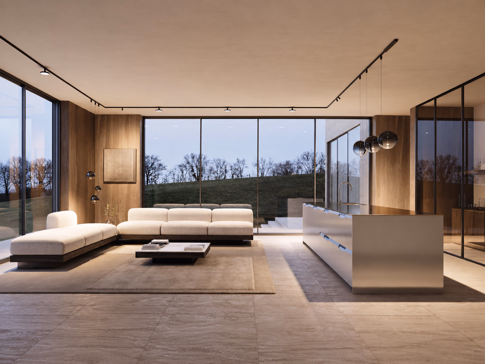 Lodes: Moduli di Luce lighting extends across a living room with a pale sectional and a kitchen island.