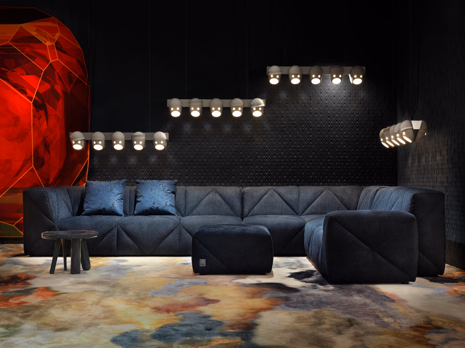 Moooi: A blue BFF sofa creates a generous upholstered seating arrangement in a Moooi interior.