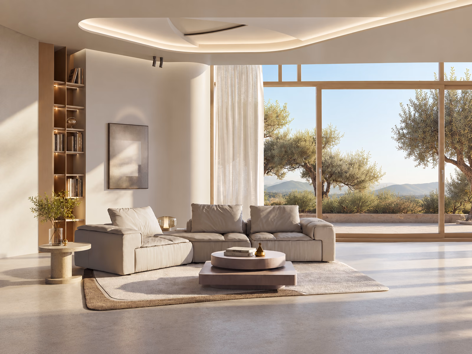 Natuzzi Italia: A beige Amama sofa is shown in a coordinated living room with softly rounded seating.
