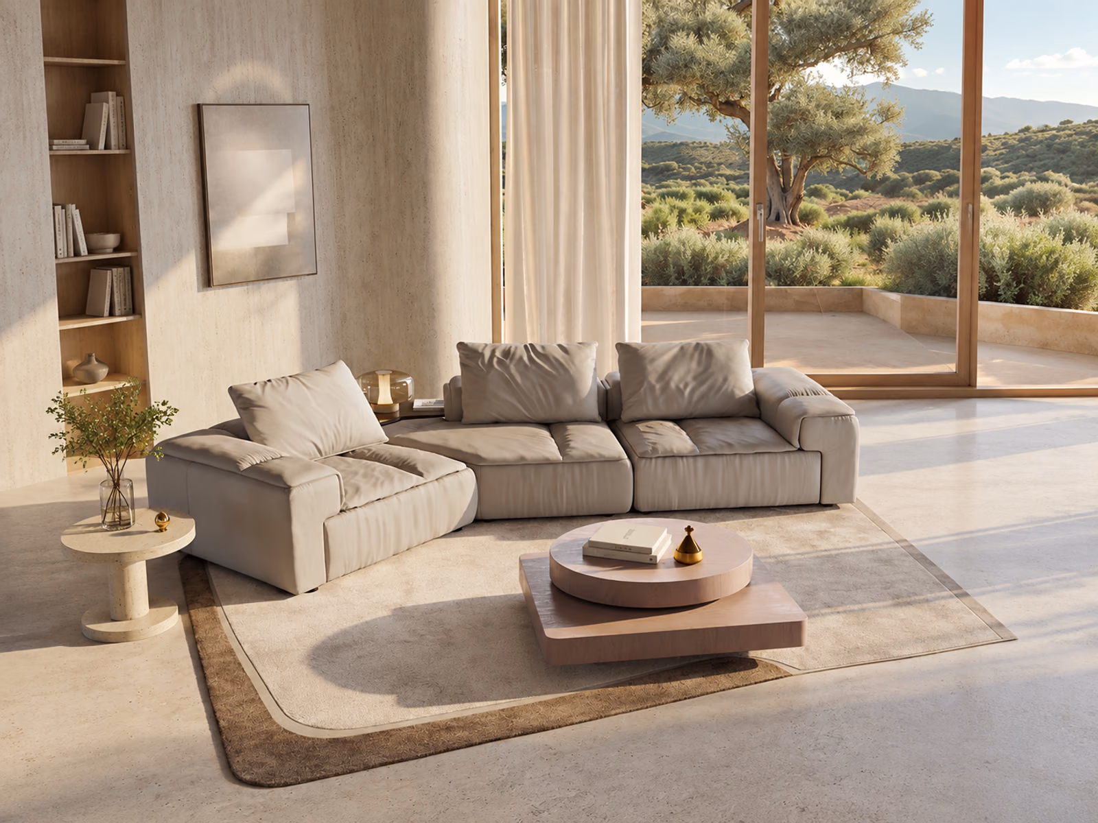 Natuzzi Italia: An angled view of the beige Amama sofa shows its curved cushions and the surrounding living space.