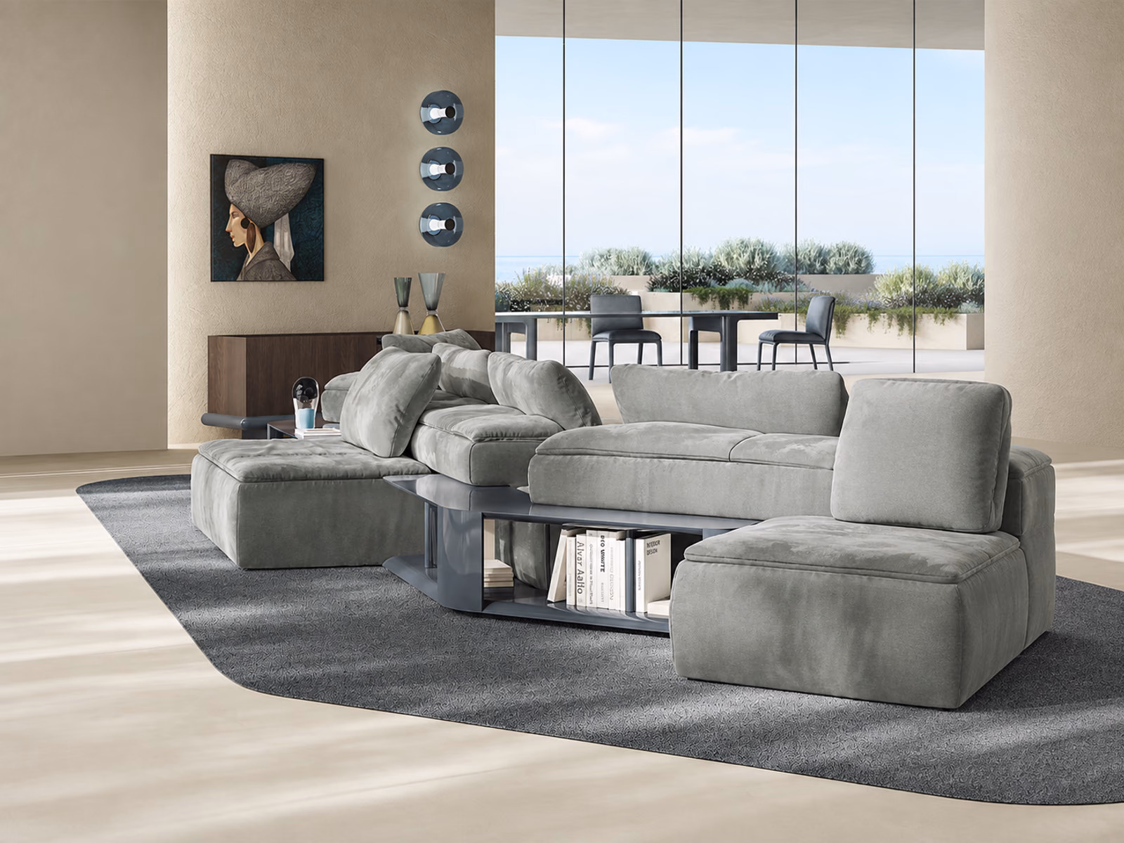 Natuzzi Italia: A gray Amama seating composition incorporates a bookcase detail at the arm.