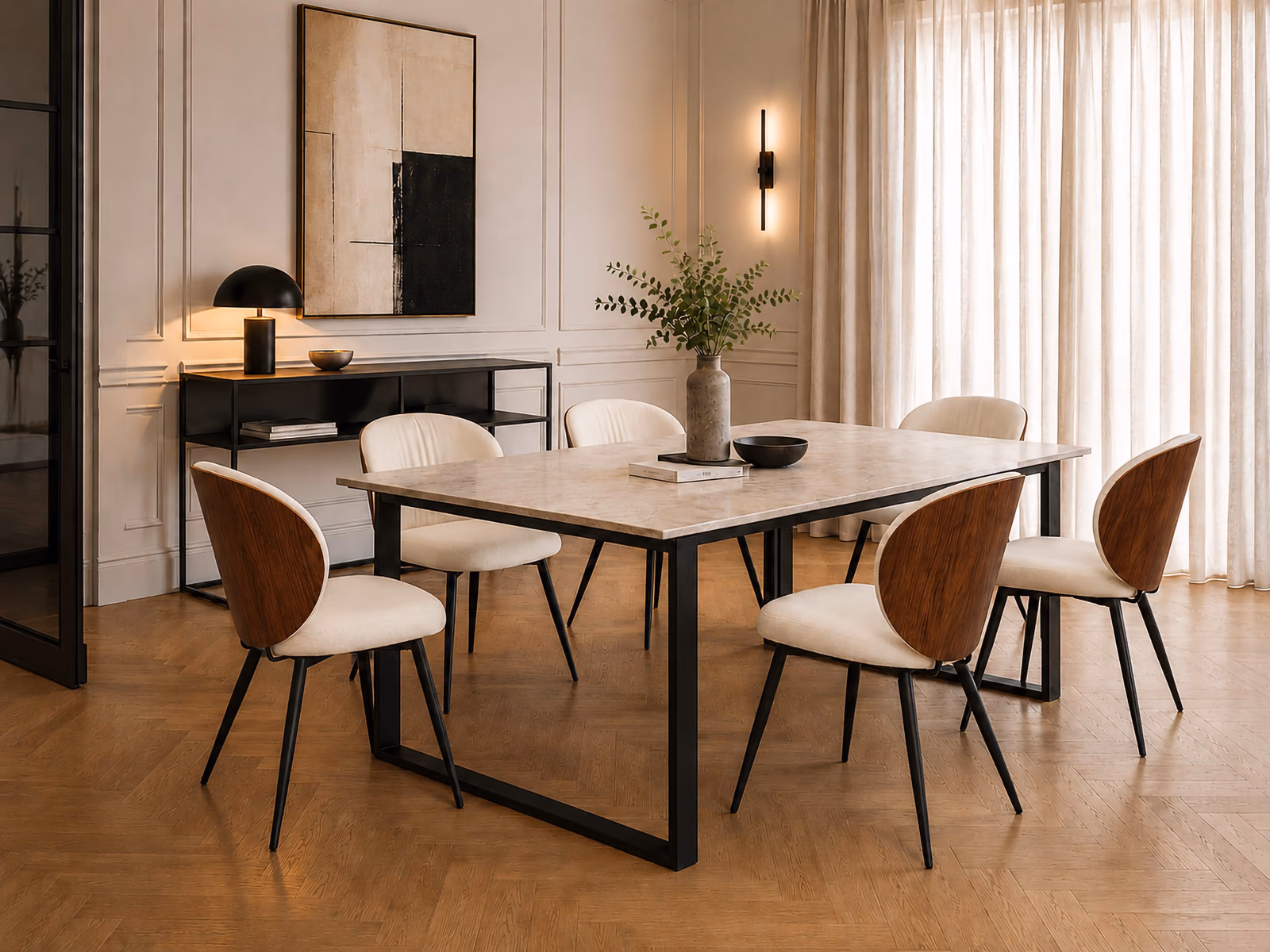 Peressini Casa: Marina W chairs furnish a coordinated contemporary dining space.