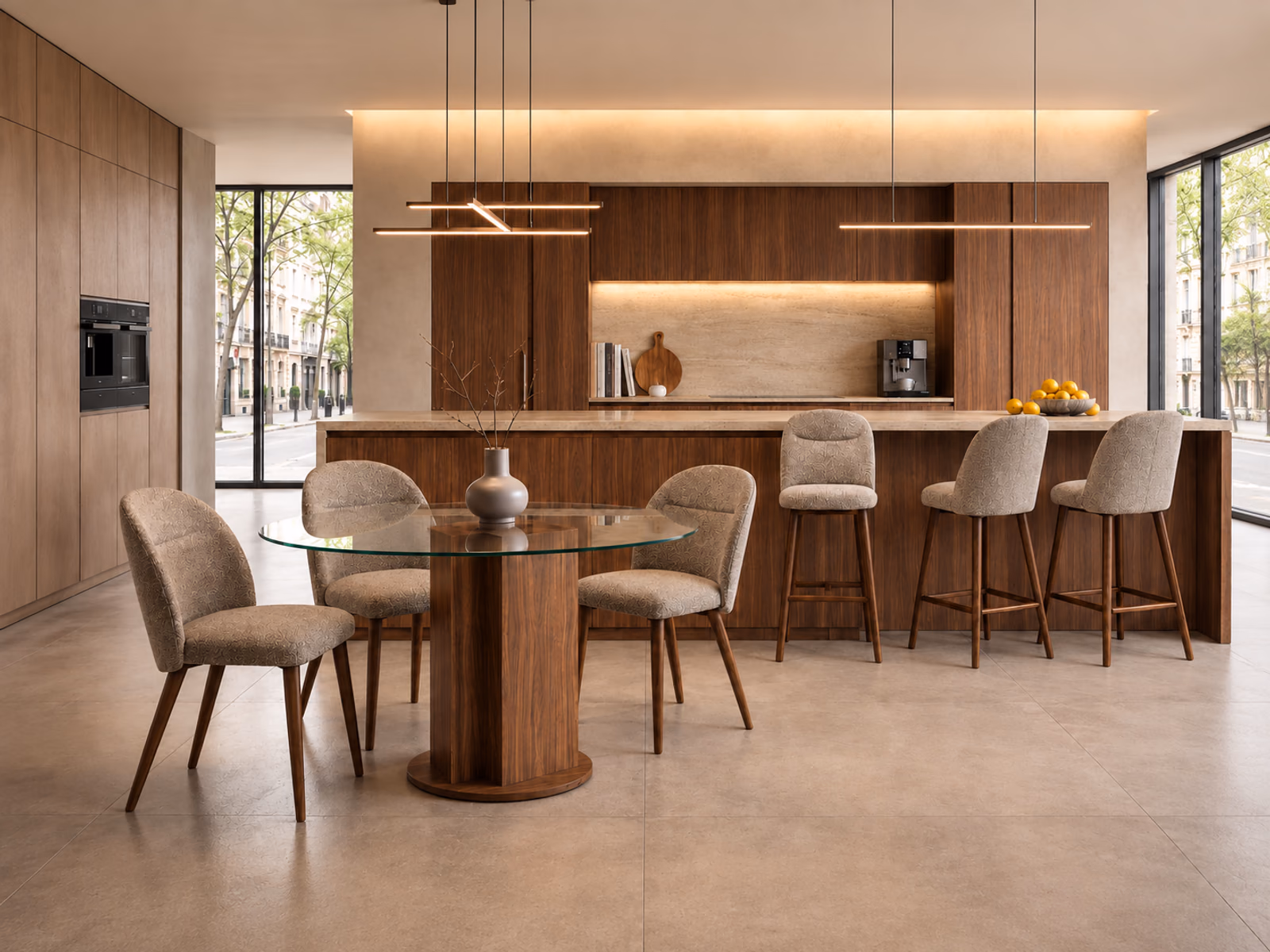 Peressini Casa: Lady dining chairs and matching stools connect a round glass table with the kitchen counter.