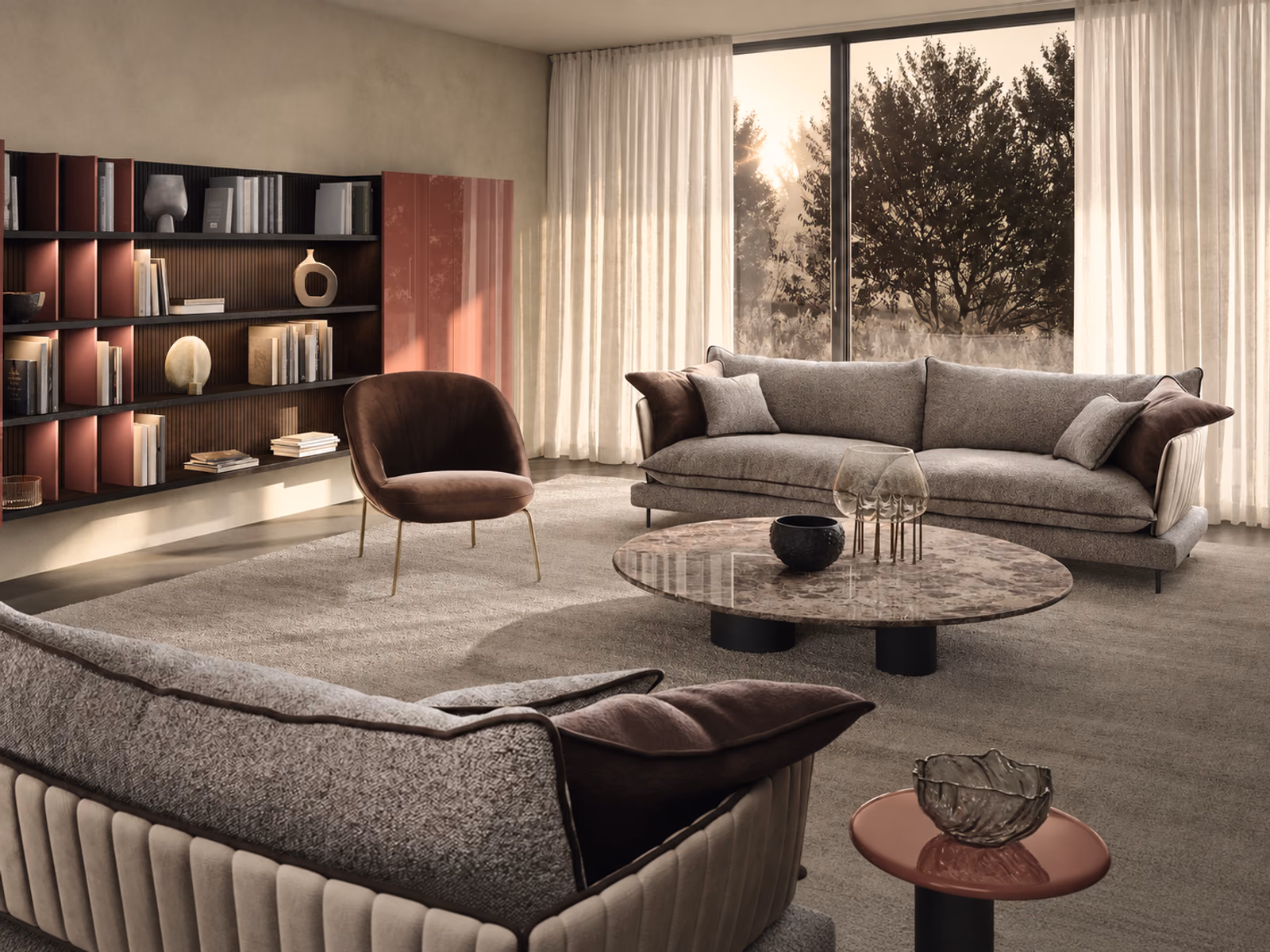 Pianca: Brando sofas surround a round coffee table with a brown lounge chair and illuminated shelving.