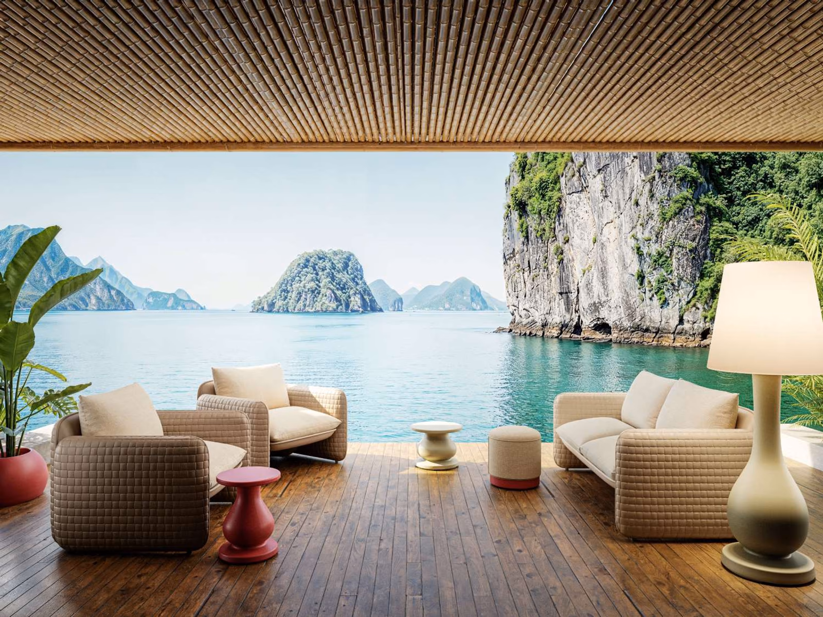 Slide: Mara seating forms an outdoor lounge overlooking the bay.